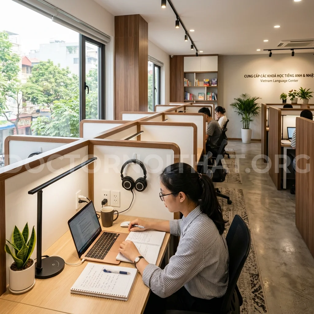 Khu tự học trung tâm ngoại ngữ với vách ngăn riêng tư