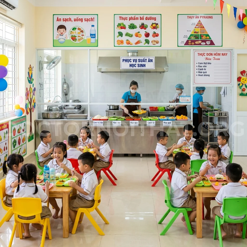 Khu ăn uống trường mầm non sạch sẽ