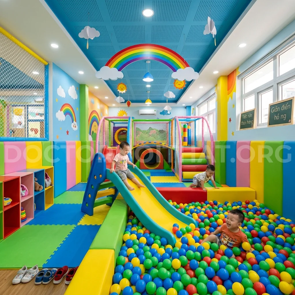 Khu vui chơi trong nhà trường mầm non
