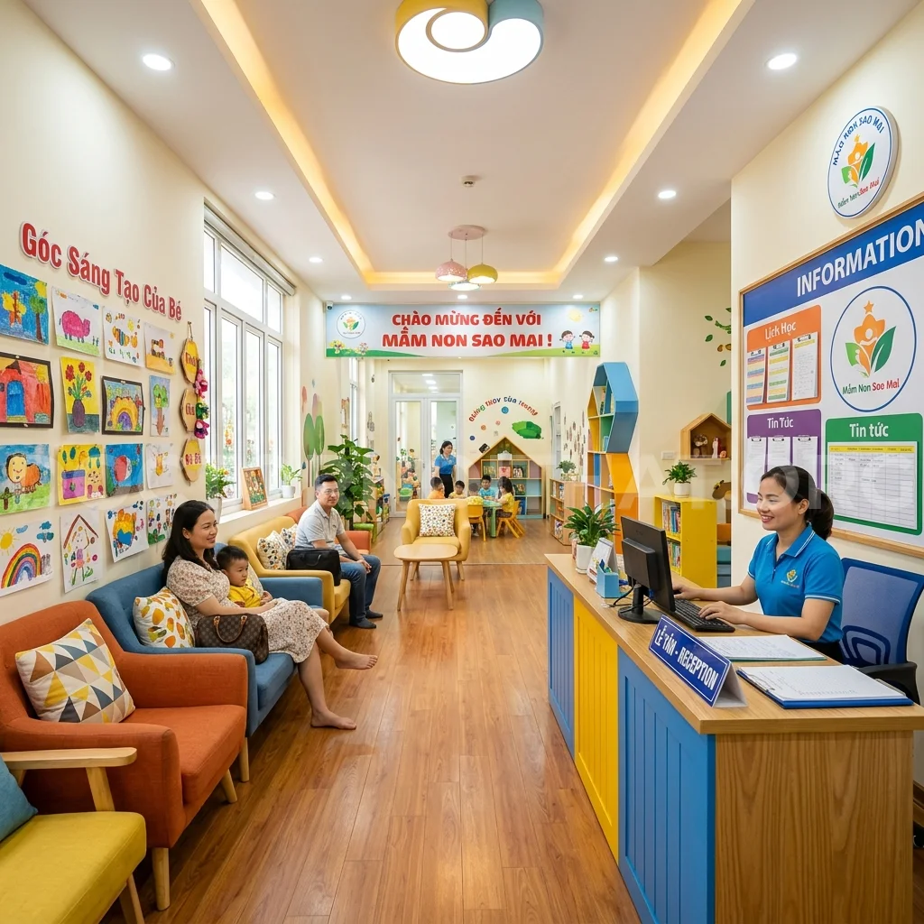 Sảnh lễ tân trường mầm non thân thiện