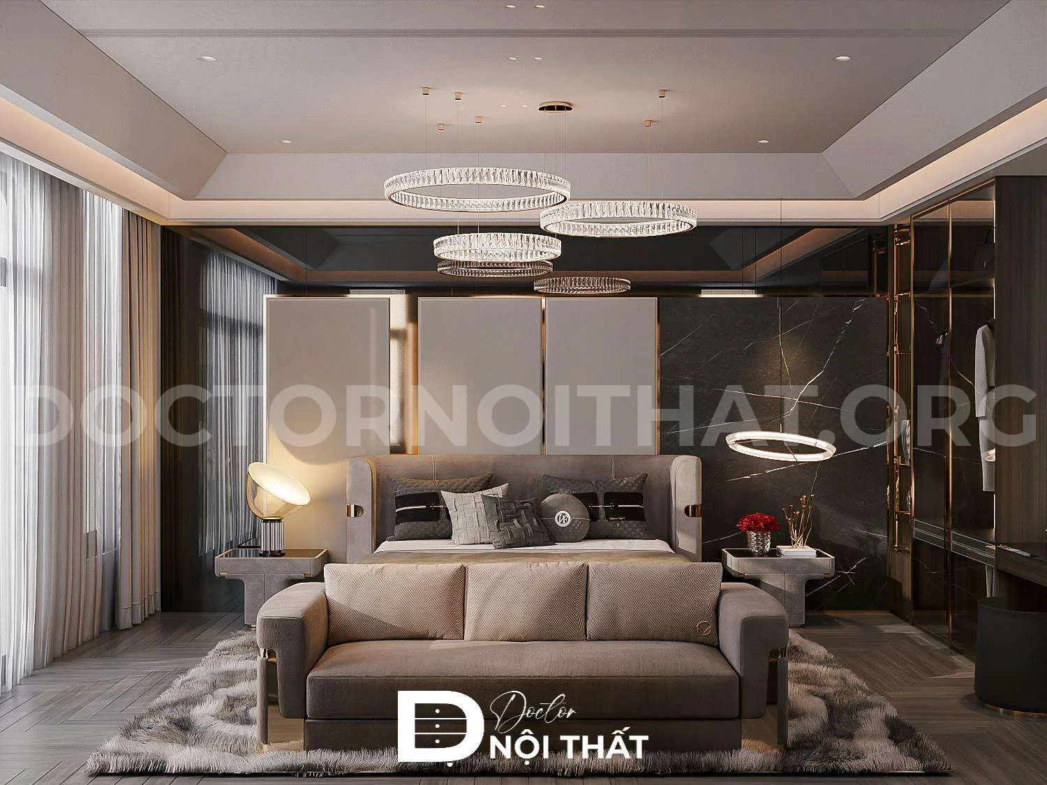 Bộ sofa màu xám đồng bộ với tông màu chủ đạo của thiết kế nội thất biệt thự hiện đại