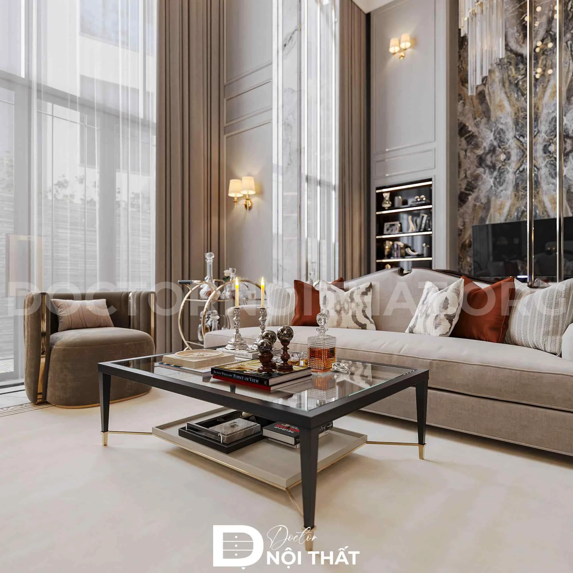 Bộ sofa nỉ màu sáng hài hòa với màu sắc chủ đạo