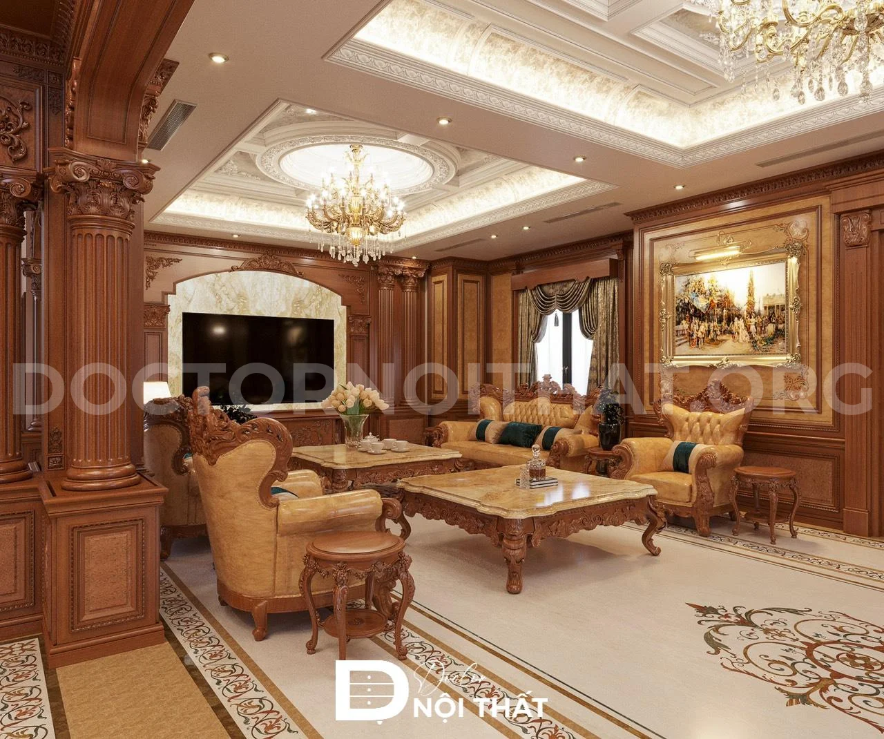 Bộ sofa phòng khách được chạm trổ tinh xảo kết hợp chất liệu da thật