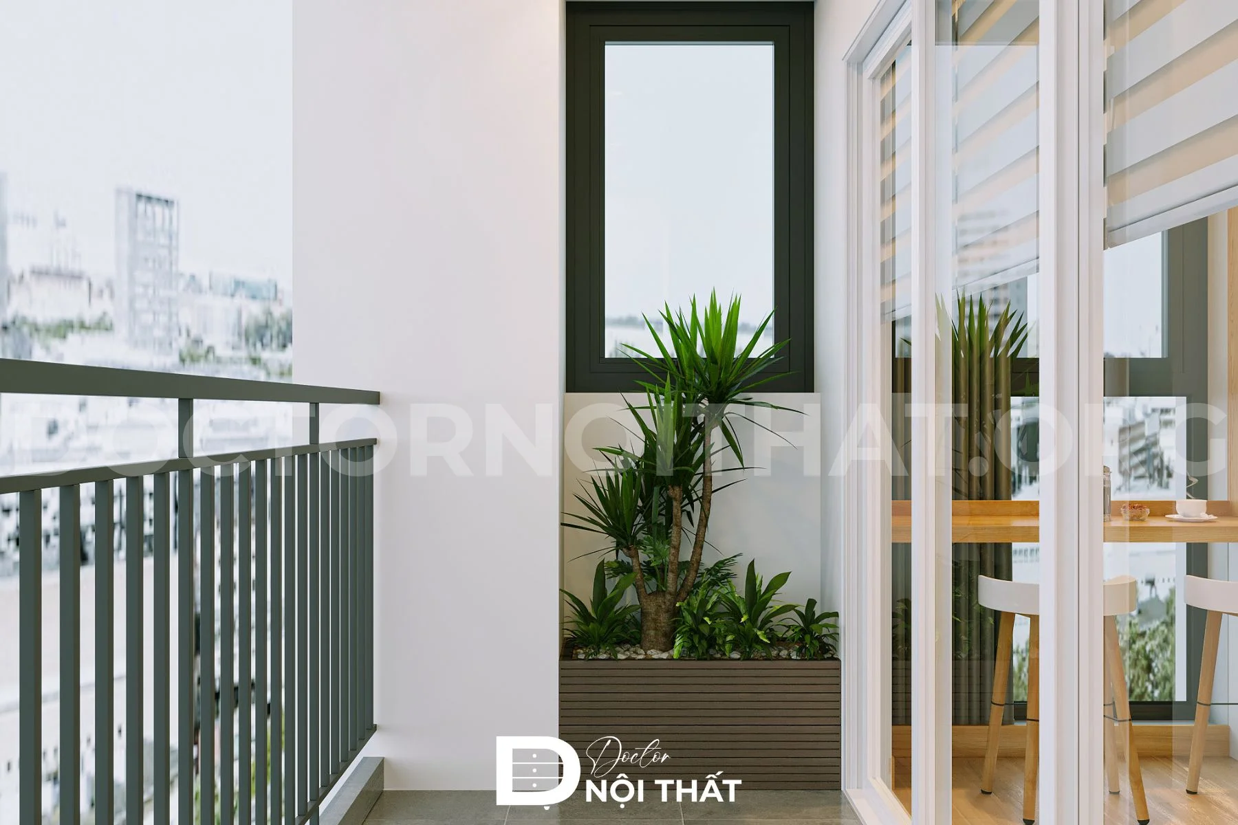 Ban công chung cư đẹp thoáng đãng với tiểu cảnh