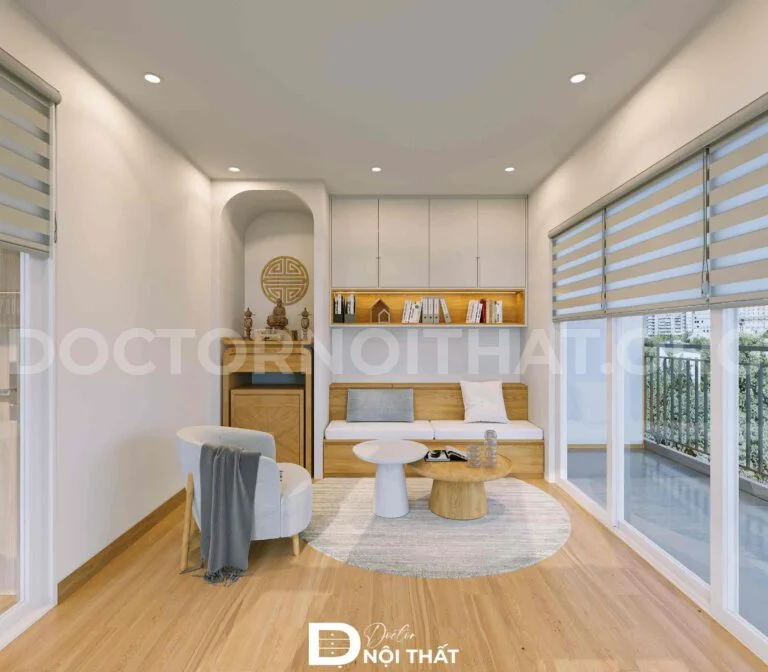 Không gian phòng khách hiện đại với sofa gỗ, bàn trà nhỏ và ánh sáng tự nhiên