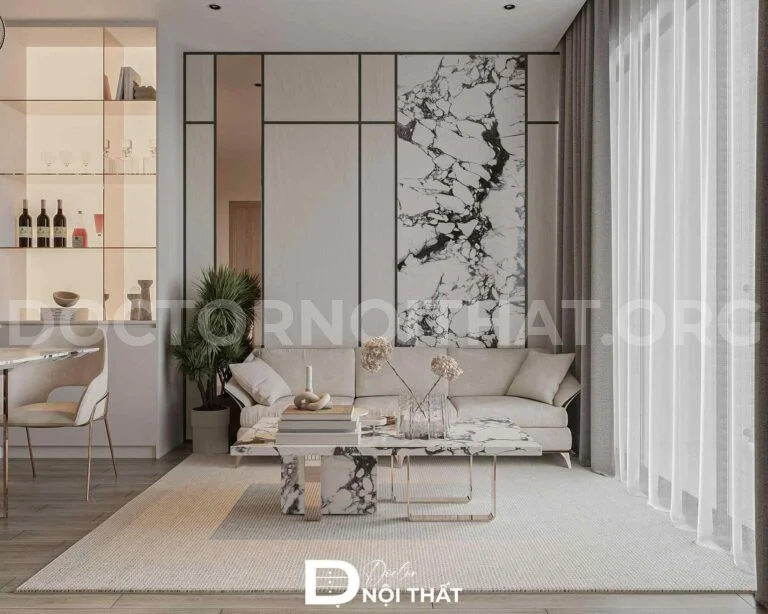 Vách tivi ốp đá marble nổi bật trên nền trung tính, giúp không gian thêm chiều sâu và đẳng cấp