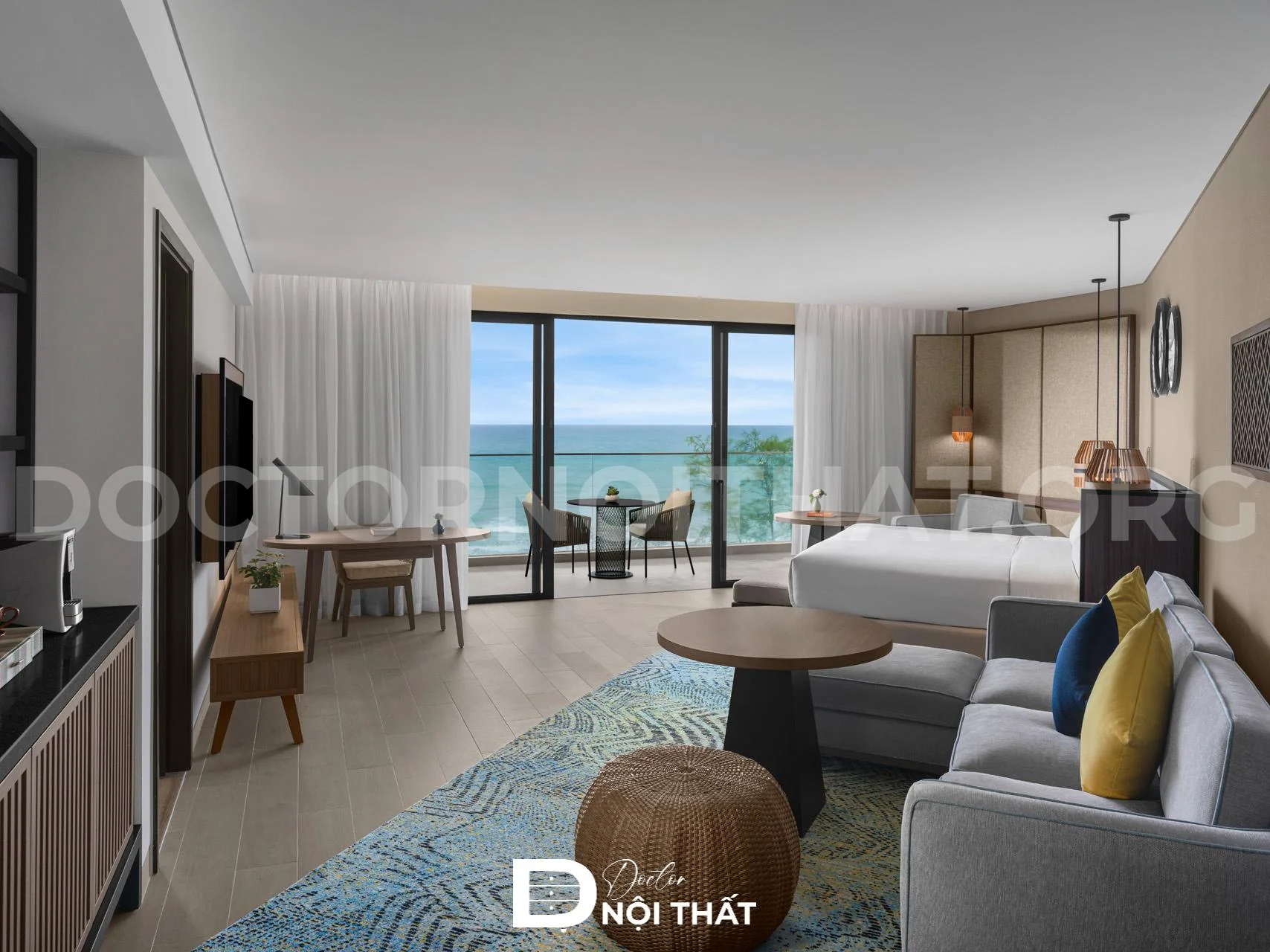 Phòng khách sạn 5 sao view biển với đầy đủ đồ nội thất