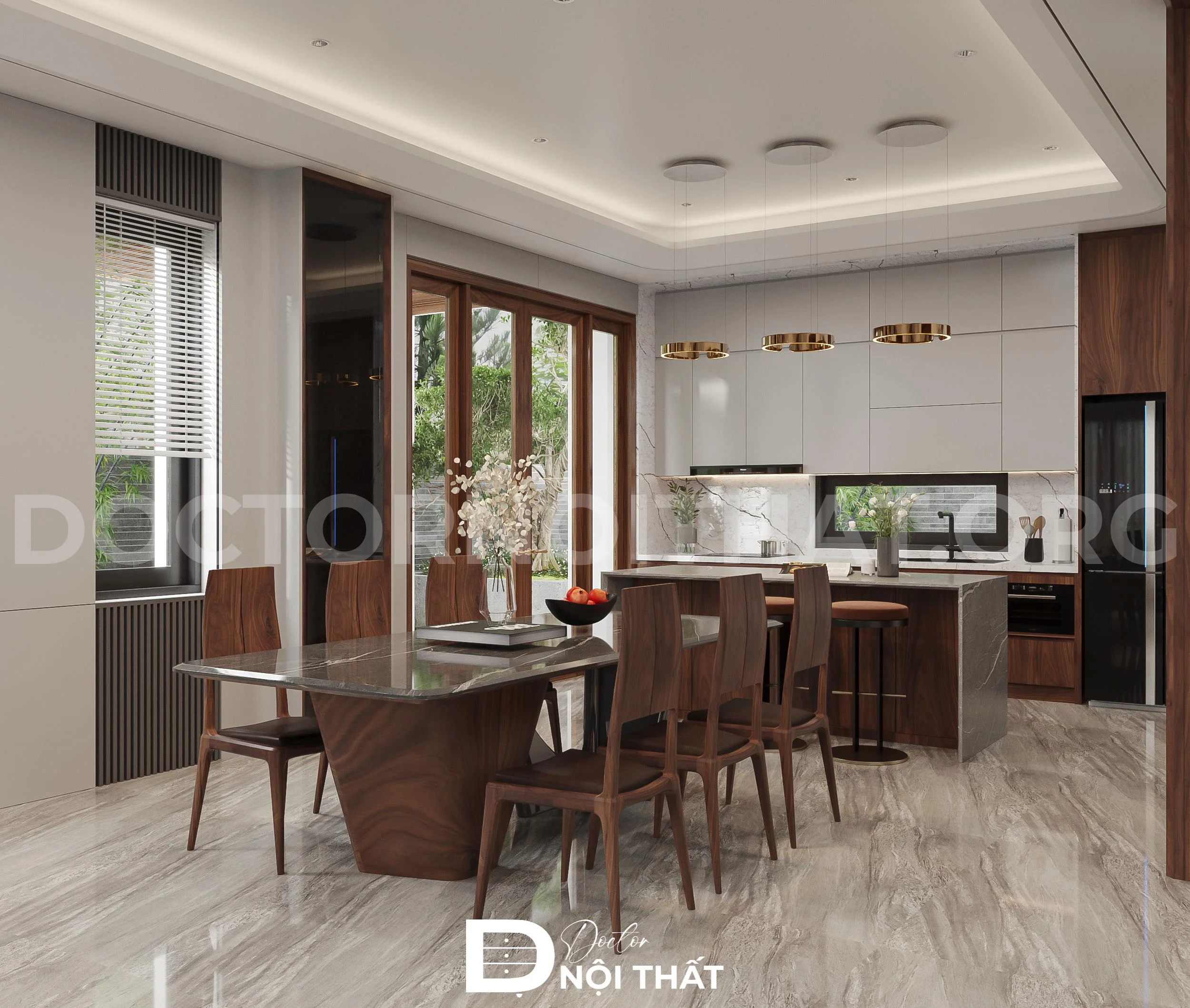 Bàn ghế ăn được thiết kế chất liệu gỗ với phần tựa lưng vòm dễ chịu