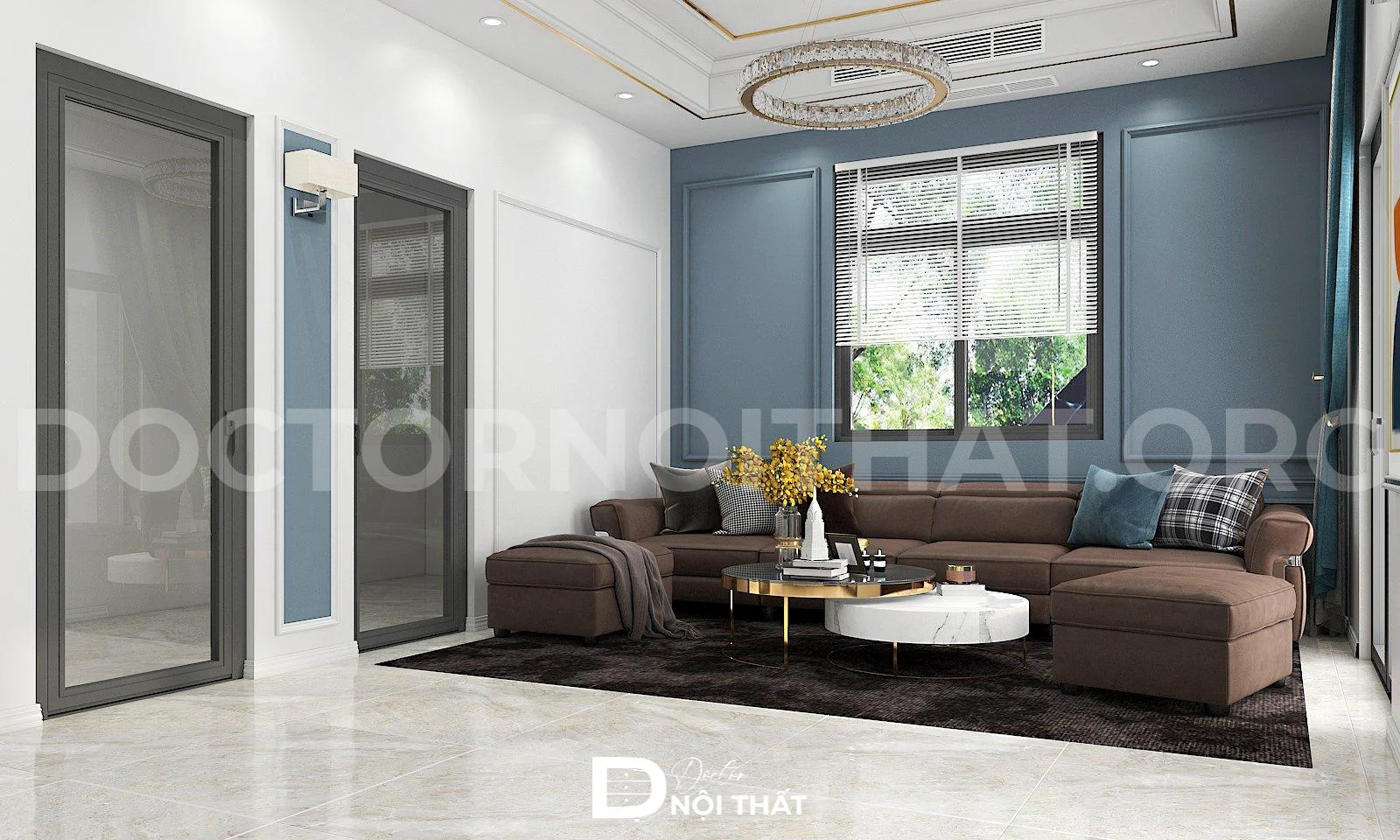 Bàn trà được thiết kế kiểu dáng hình tròn kết hợp với sofa chữ L độc đáo