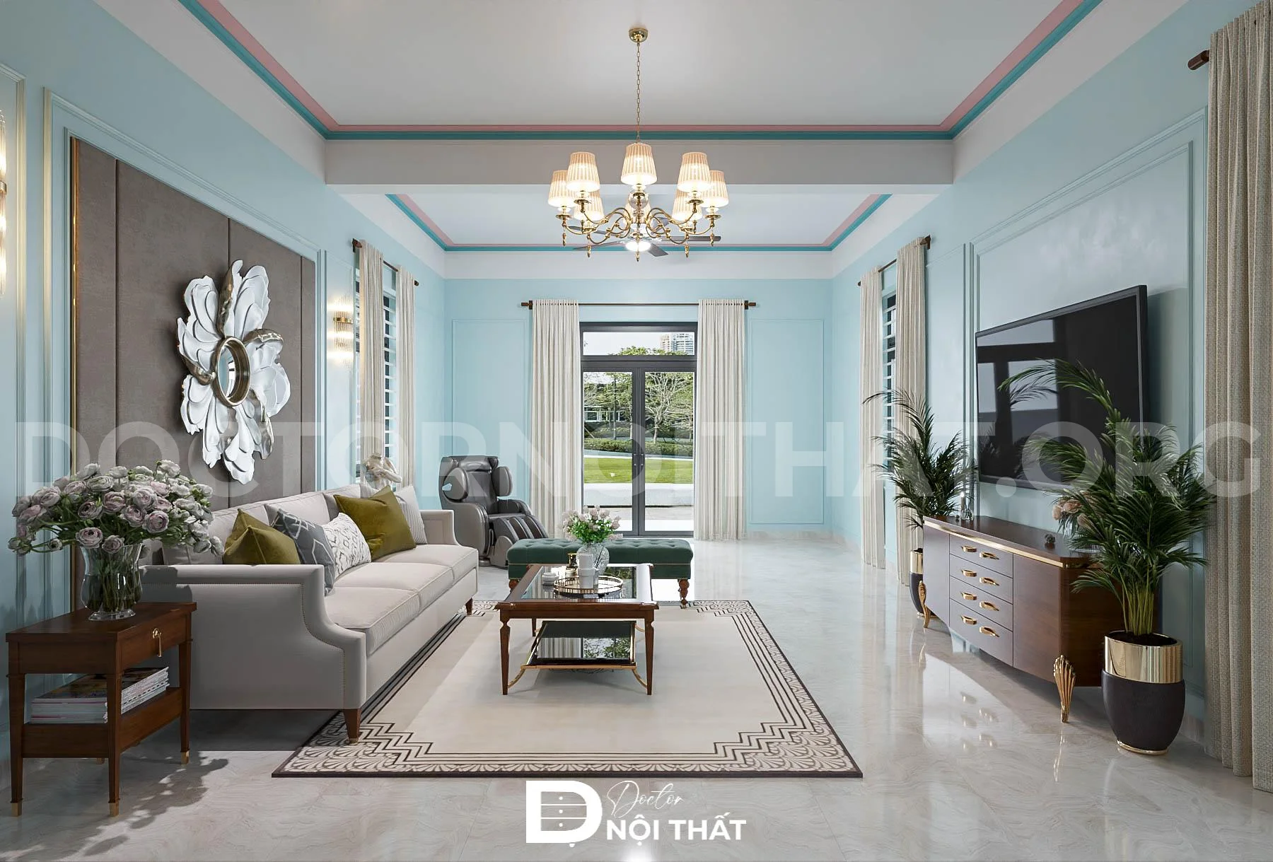 Bố trí cây cảnh và bình hoa trong phòng khách để lưu thông không khí