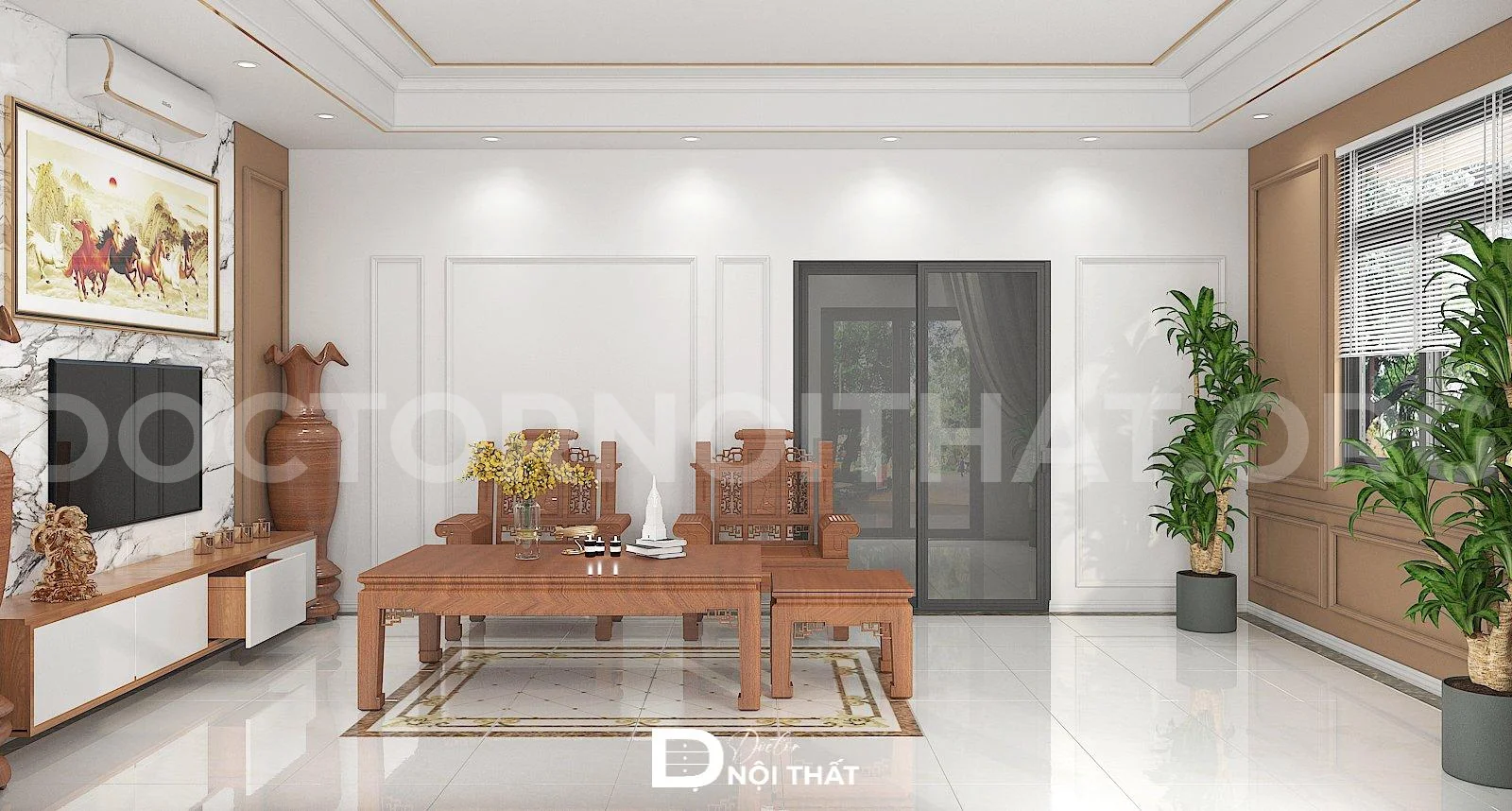 Bố trí cây xanh ở hai góc phòng để lưu thông không khí và thu hút năng lượng tích cực