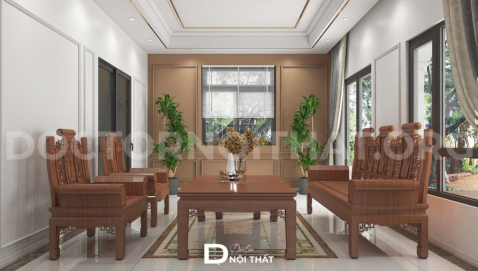 Sử dụng bộ ghế và bàn trà bằng gỗ để tạo sự bề thế, đẳng cấp cho căn nhà