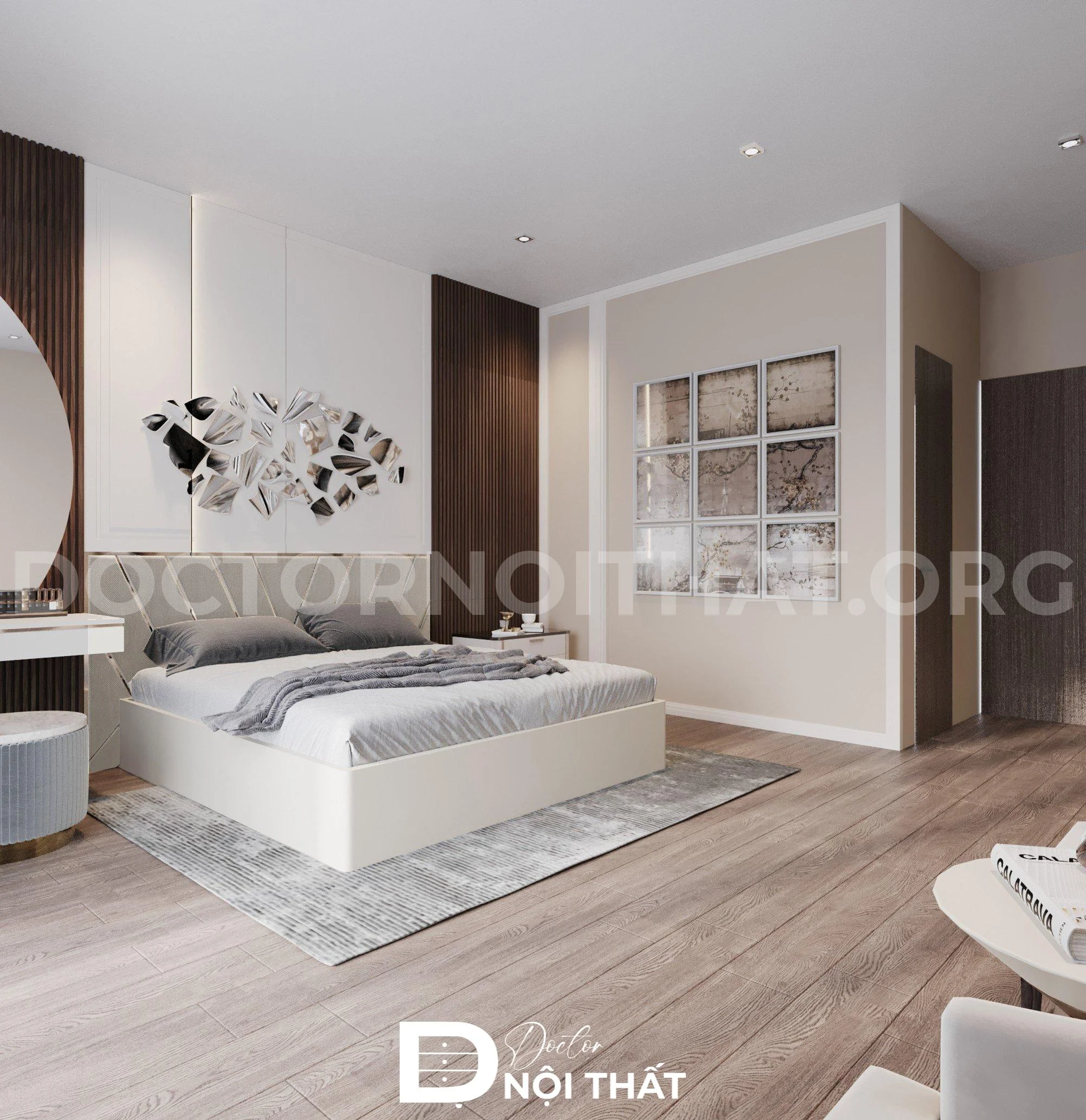 Tổng thể không gian phòng ngủ được phủ trắng đan xen với gam màu xám tinh tế