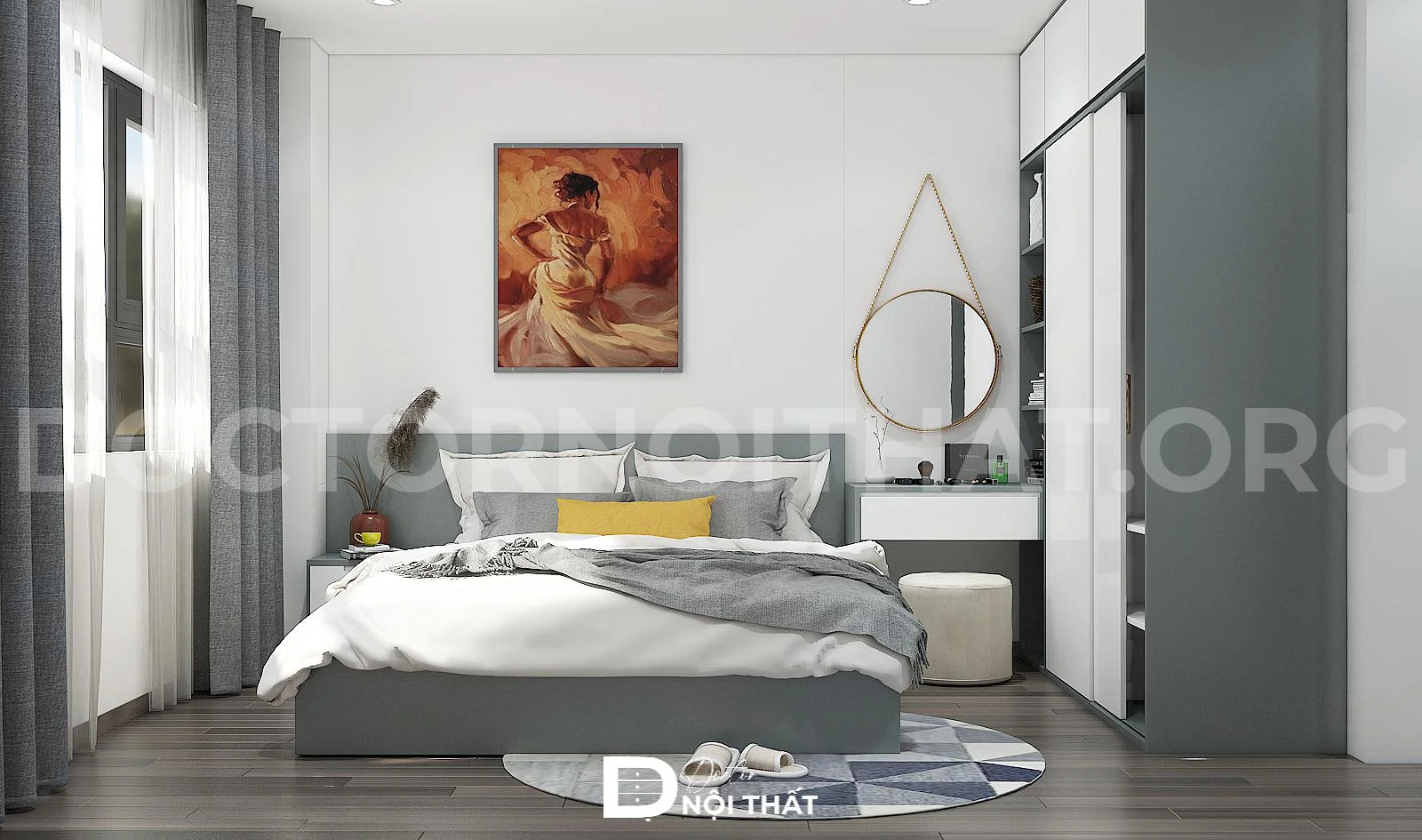 Tranh nghệ thuật được dùng làm điểm nhấn cho phòng ngủ với tông màu xám chủ đạo