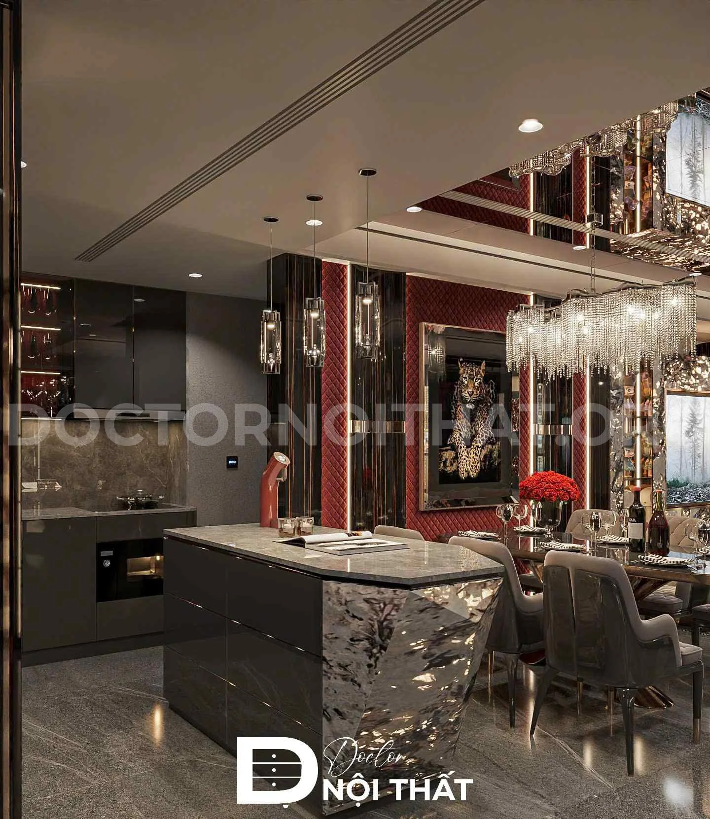 Bếp Penthouse được thiết kế quầy bar nhỏ cục sang trọng