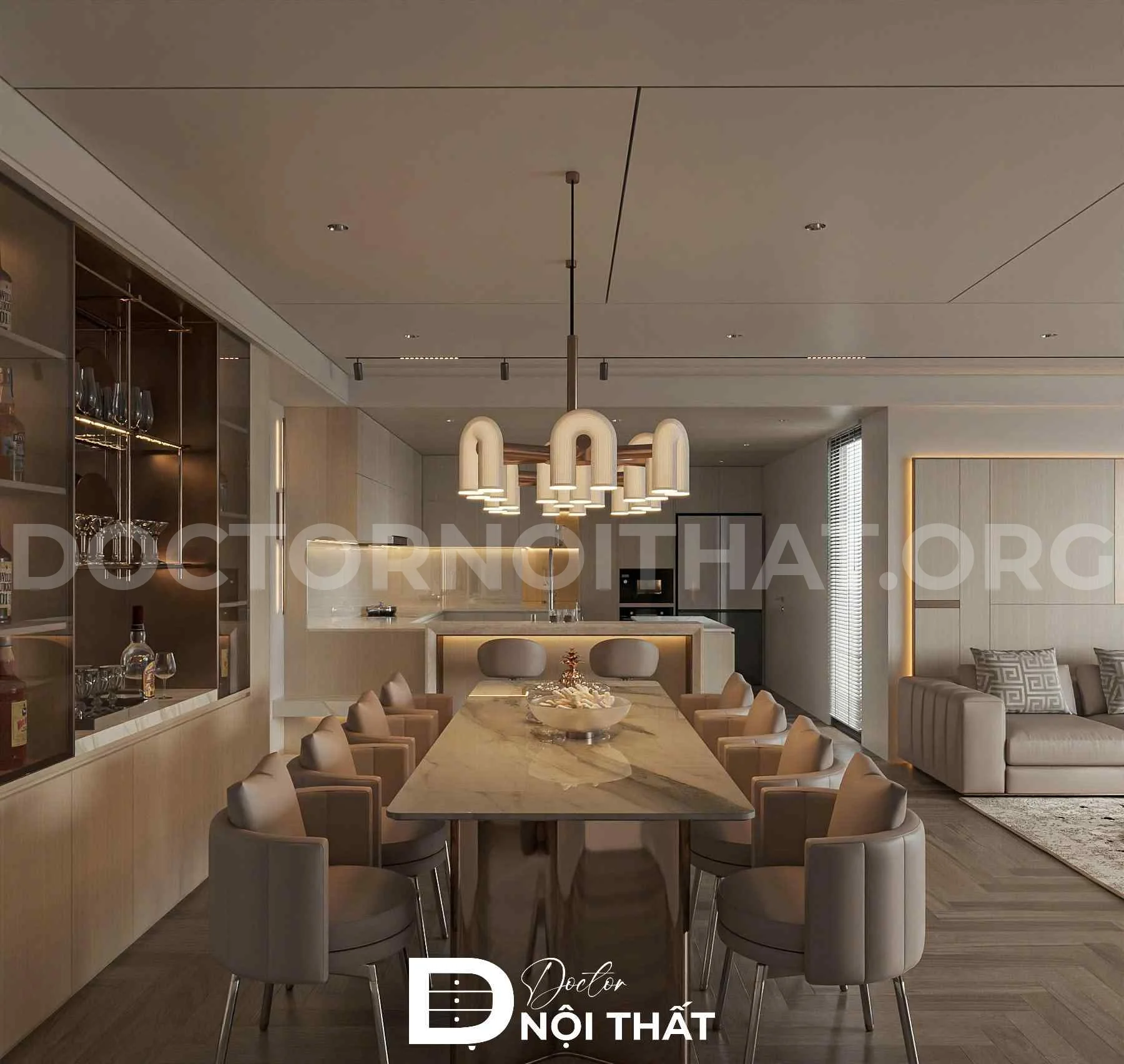 Căn bếp Penthouse thiết kế đầy đủ tiện nghi với bộ bàn ăn được bố trí khoa học