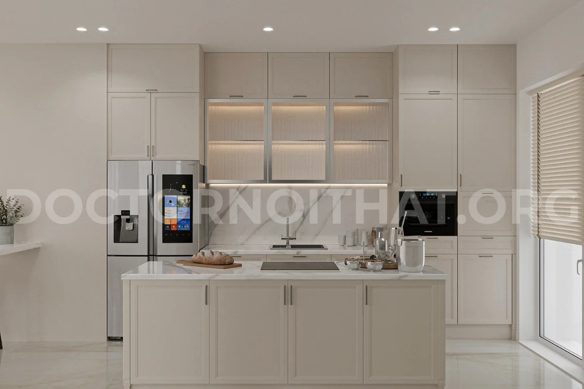 Thiết kế căn hộ Penthouse đẹp với không gian bếp tone màu trắng chủ đạo (Nguồn: Sưu tầm)