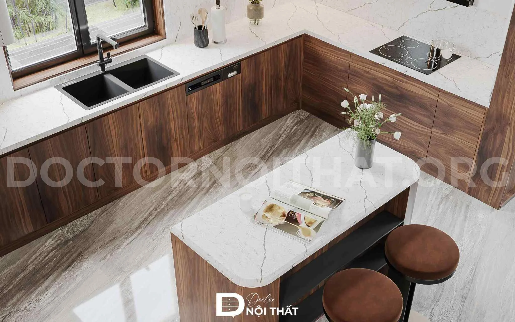 Bàn đảo với mặt đá tự nhiên sang trọng tạo điểm nhấn cho phòng bếp