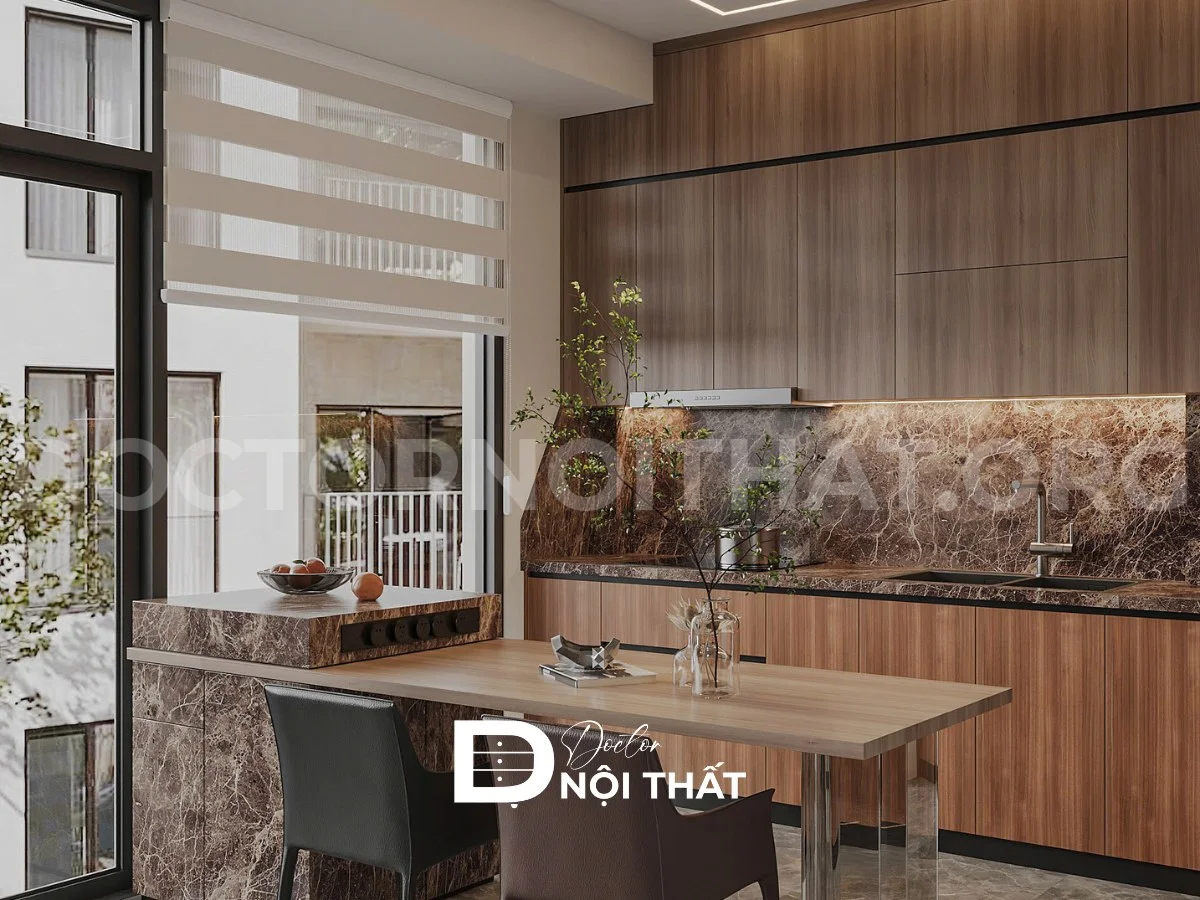 Mặt bếp đá marble vân nâu sang trọng kết hợp cùng đảo bếp đa năng