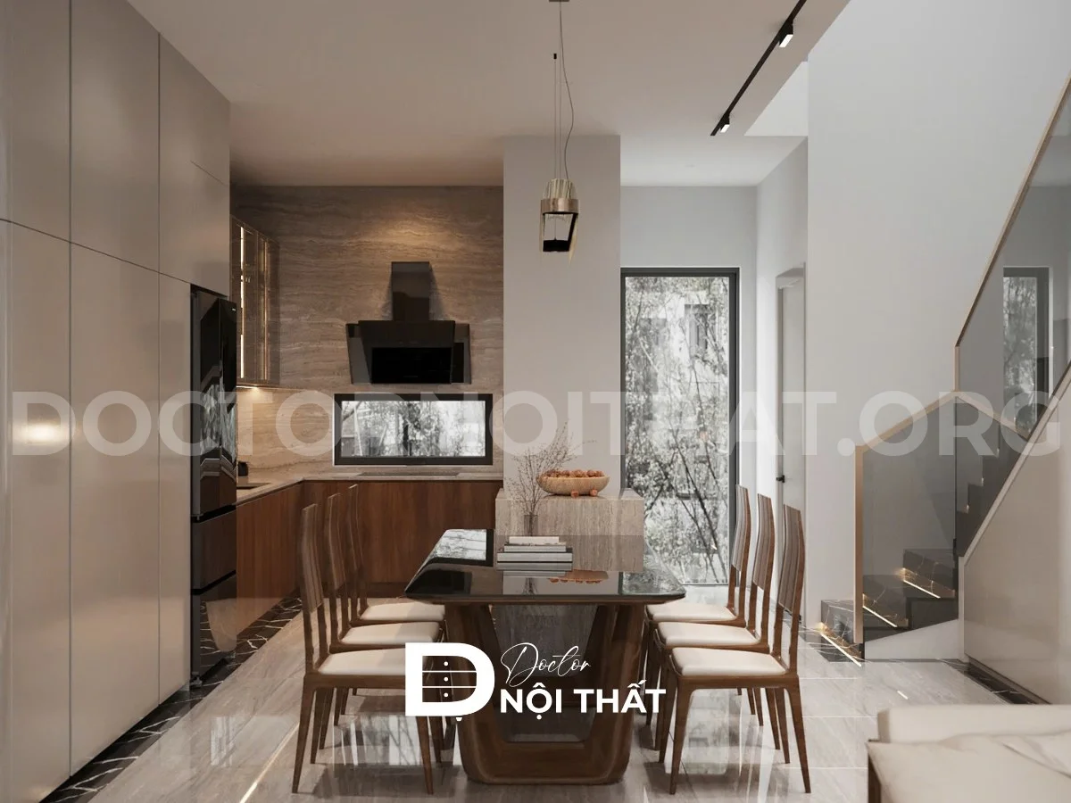 Mẫu bếp ăn nhà phố tối ưu diện tích với hệ tủ kịch trần và cửa sổ lấy sáng tự nhiên