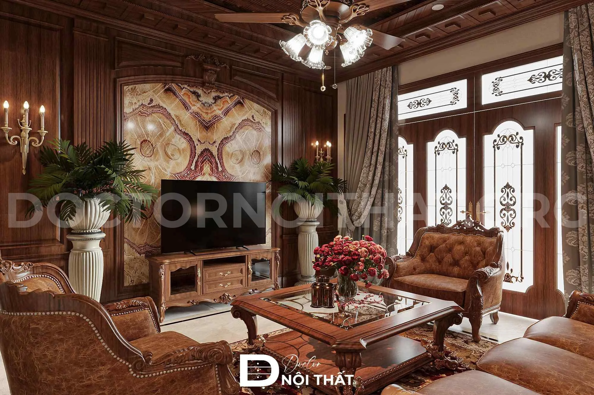 Thiết kế cửa ra vào kích thước lớn để tạo cảm giác thông thoáng cho phòng khách