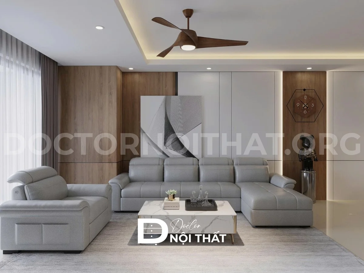 Thiết kế phòng khách đẹp đơn giản kết hợp với ghế sofa và rèm cửa