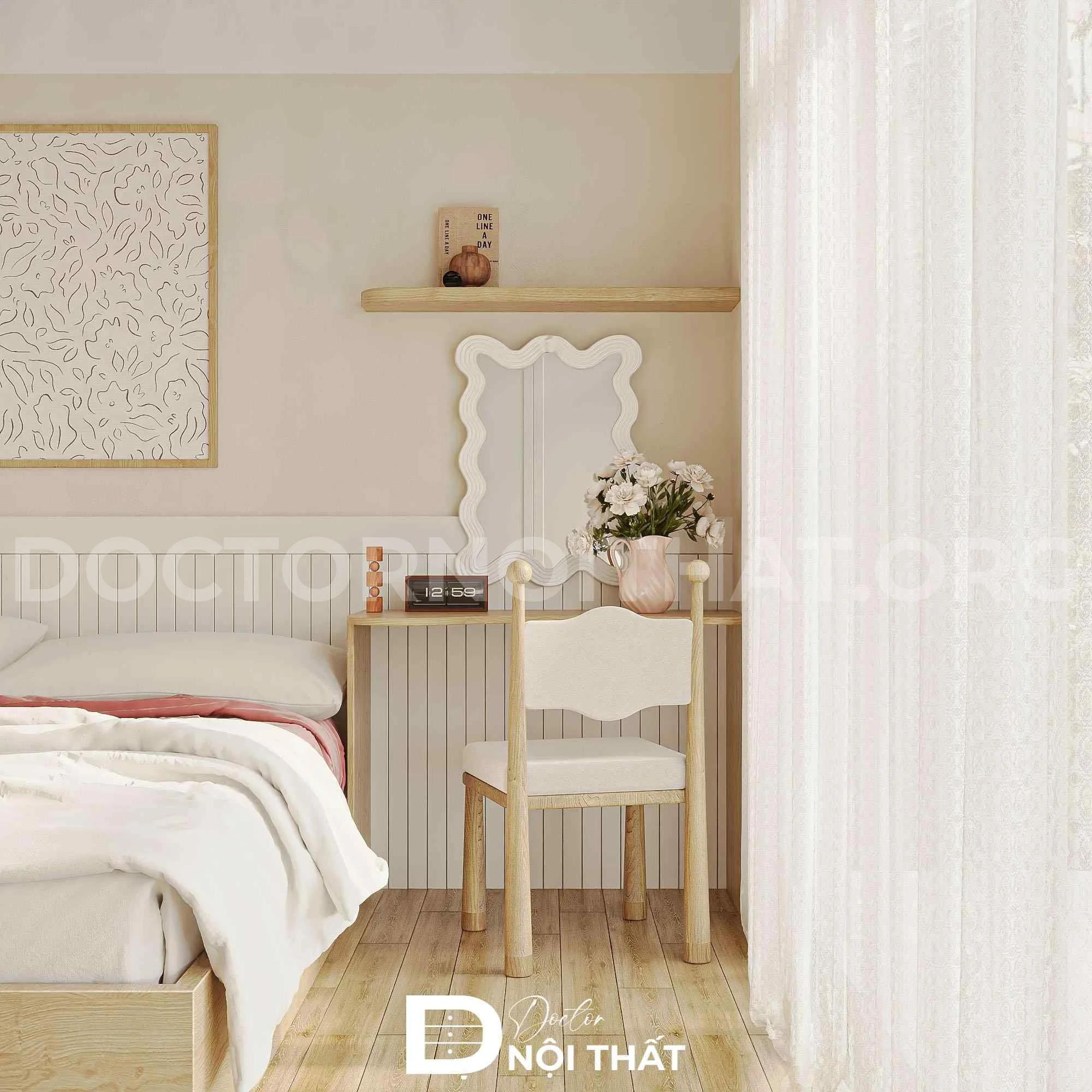 Bàn trang điểm nhỏ xinh với điểm nhấn là gương trang trí cách điệu