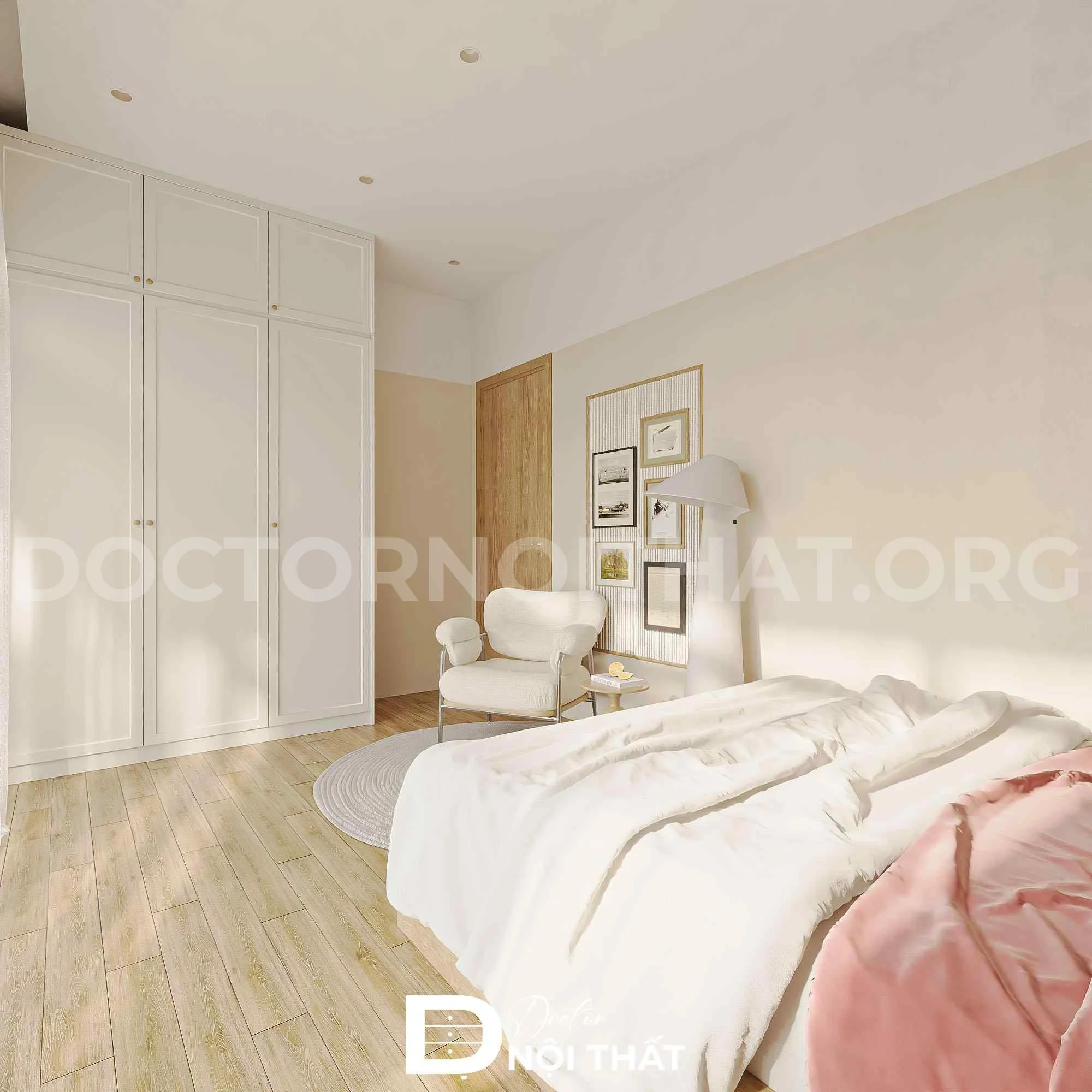 Hệ tủ quần áo kịch trần cùng tone màu giúp mở rộng không gian phòng ngủ