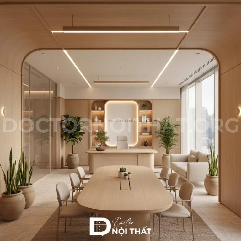 Thiết kế bàn làm việc giám đốc ấn tượng với bàn bố trí ở vị trí trung tâm